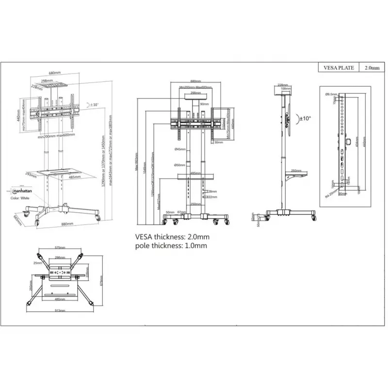 Põrandal seisev teleri- ja monitorikinnitusega trollialus MANHATTAN 461238, mobiilne, must, kõrgus 1803 mm, VESA 200x200–600x400, maksimaalselt 50 kg