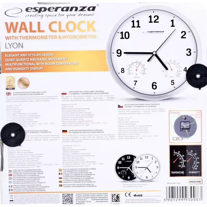 Seinakell ESPERANZA EHC016K Lyon Must, 25 cm läbimõõt, vaikne mehhanism, klaaskate, plastikraam