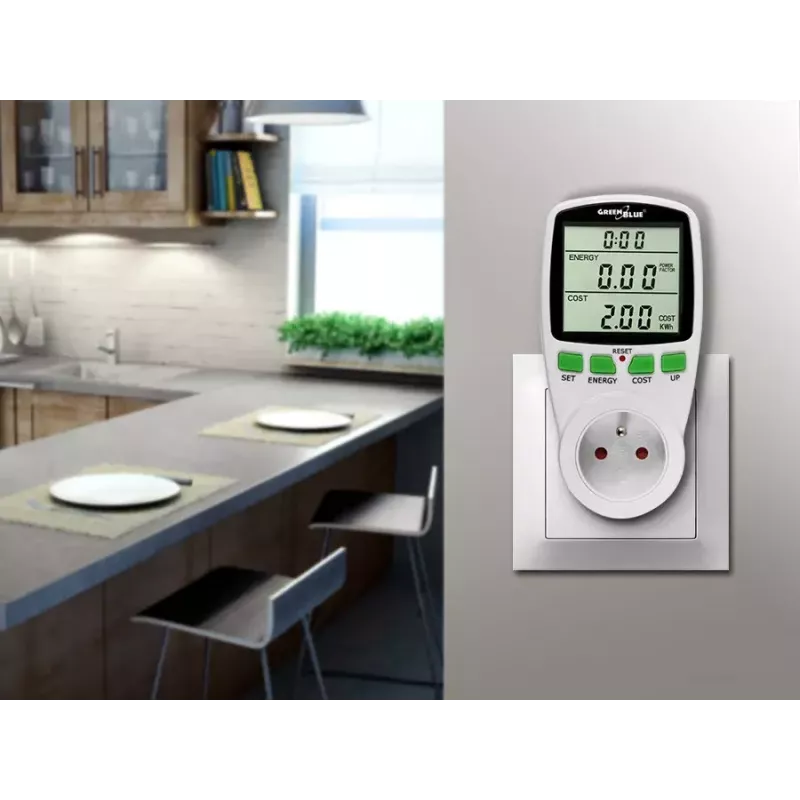 Wattmeeter GreenBlue GB202 võimsusmõõtur 0–9999 W, 3600 W max, 220–240 V, 16 A, LCD-ekraan