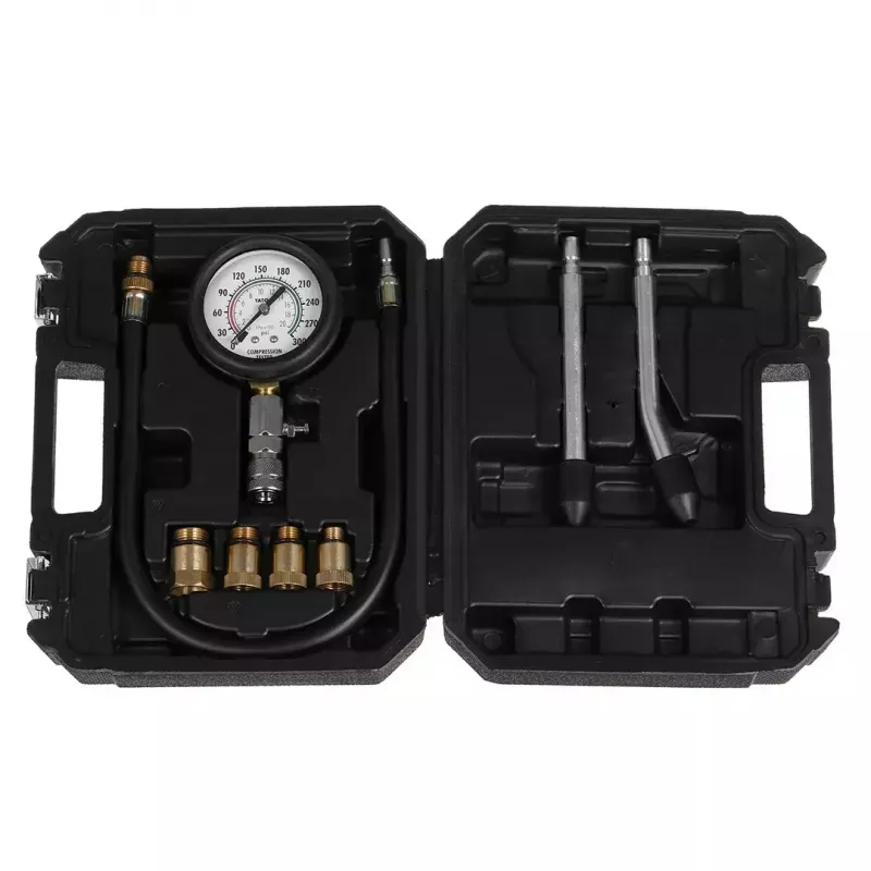 Analoogmanomeeter YATO YT-73022 0–20 baari, 75 mm sihverplaat, süsinikteras, 0,5 m voolik, 4 messingadapterit, kandekohver