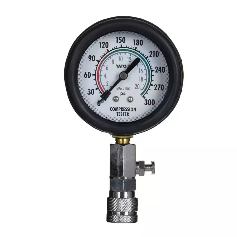 Analoogmanomeeter YATO YT-73022 0–20 baari, 75 mm sihverplaat, süsinikteras, 0,5 m voolik, 4 messingadapterit, kandekohver