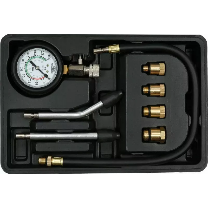 Analoogmanomeeter YATO YT-73022 0–20 baari, 75 mm sihverplaat, süsinikteras, 0,5 m voolik, 4 messingadapterit, kandekohver