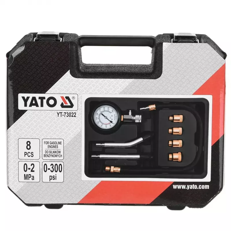 Analoogmanomeeter YATO YT-73022 0–20 baari, 75 mm sihverplaat, süsinikteras, 0,5 m voolik, 4 messingadapterit, kandekohver