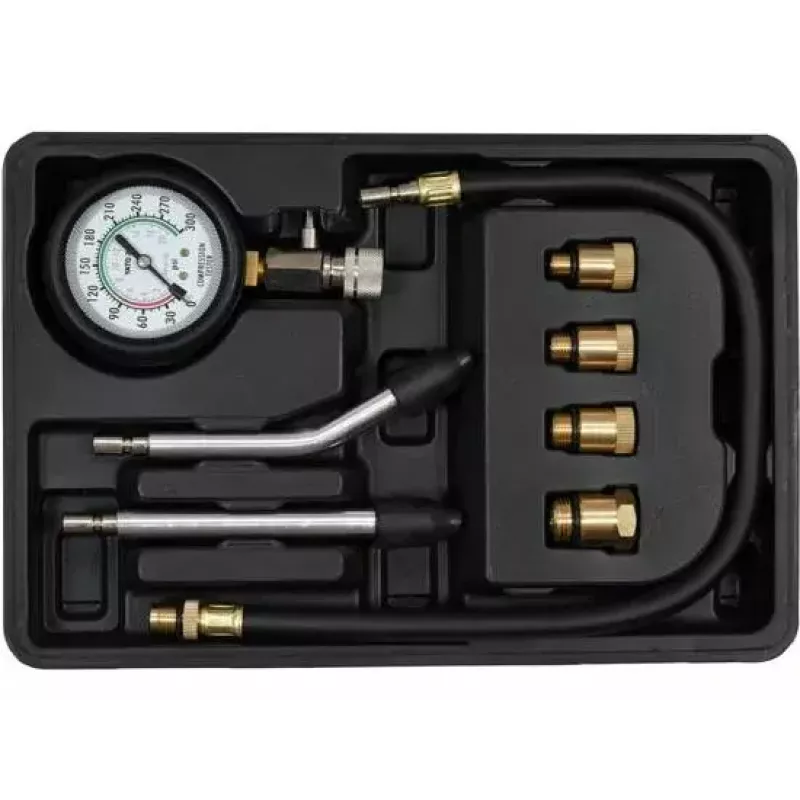 Analoogmanomeeter YATO YT-73022 0–20 baari, 75 mm sihverplaat, süsinikteras, 0,5 m voolik, 4 messingadapterit, kandekohver