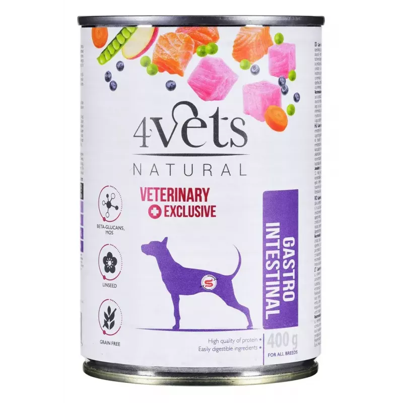 Märg koeratoit 4vets Natural Gastro Intestinal 400 g — terapeutiline märgdieet seedimise toetamiseks, kalkun, 7,5% valku, 5,5% rasva, gluteeni- ja laktoosivaba