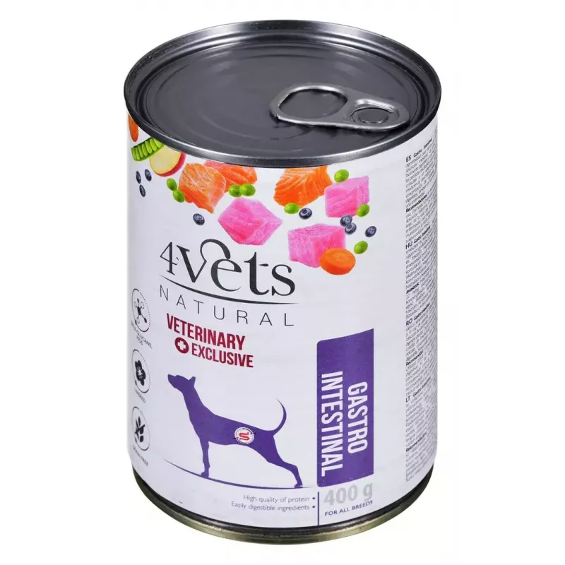 Märg koeratoit 4vets Natural Gastro Intestinal 400 g — terapeutiline märgdieet seedimise toetamiseks, kalkun, 7,5% valku, 5,5% rasva, gluteeni- ja laktoosivaba