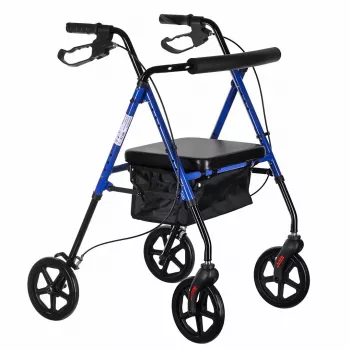 Taastusravi rulaator ActionMed CH100AM — kerge alumiiniumist 4-ratas, reguleeritav kõrgus 700–937 mm, iste 35×32 cm, max koormus 136 kg, kokkupandav