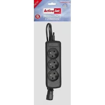 Toitepikenduskaabel ActiveJet COMBO-IEC-3G/1.5M — 3-sooneline IEC-pistik, 1,5 m, 3 vahelduvvoolu pesa, 230 V/50 Hz, 10 A, must