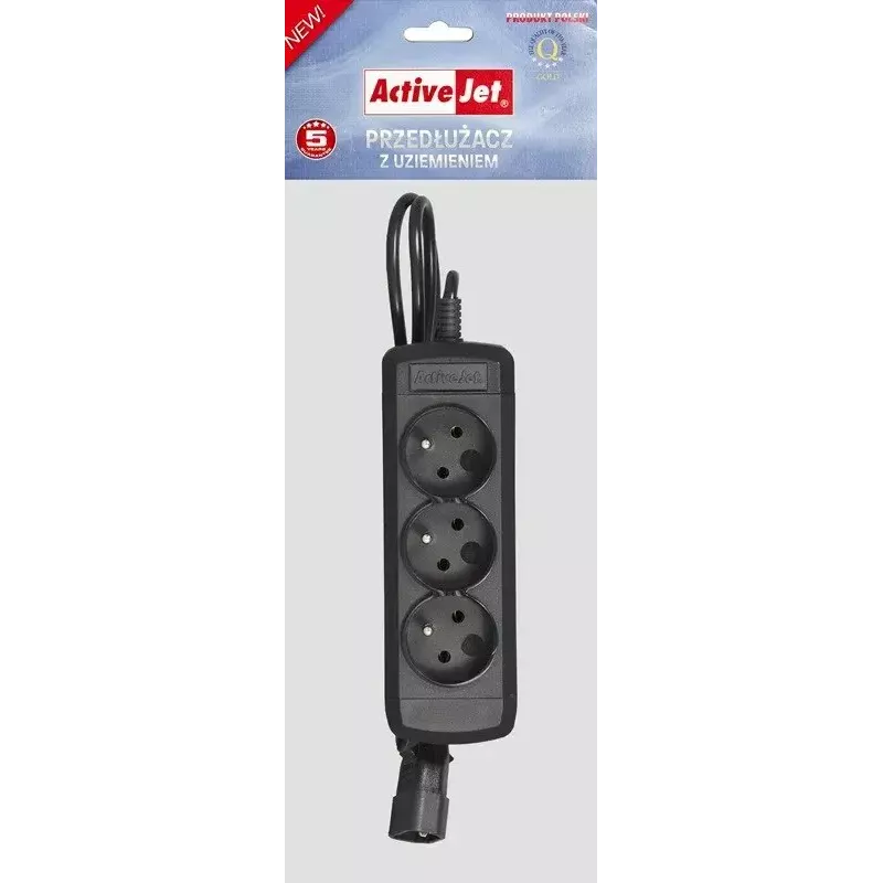 Toitepikenduskaabel ActiveJet COMBO-IEC-3G/1.5M — 3-sooneline IEC-pistik, 1,5 m, 3 vahelduvvoolu pesa, 230 V/50 Hz, 10 A, must