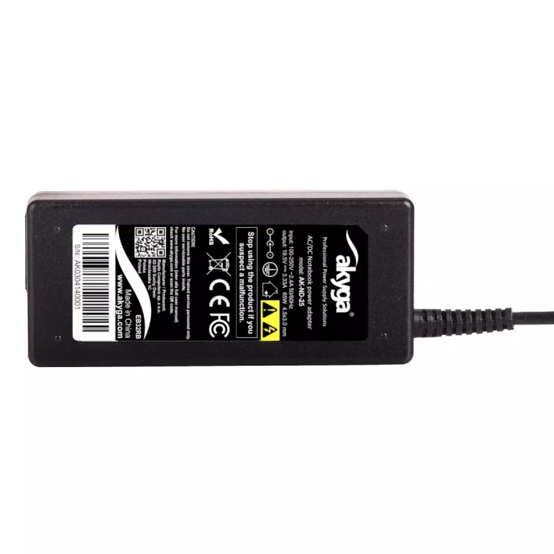 Toiteadapter Akyga AK-ND-25 65W 19,5V 3,33A HP sülearvutitele, sisend 100–250V, siseruumides, must