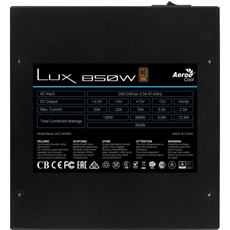 Aerocool LUX850 PC toiteplokk 850W 80 Plus Bronze 230V 88% efektiivsus must