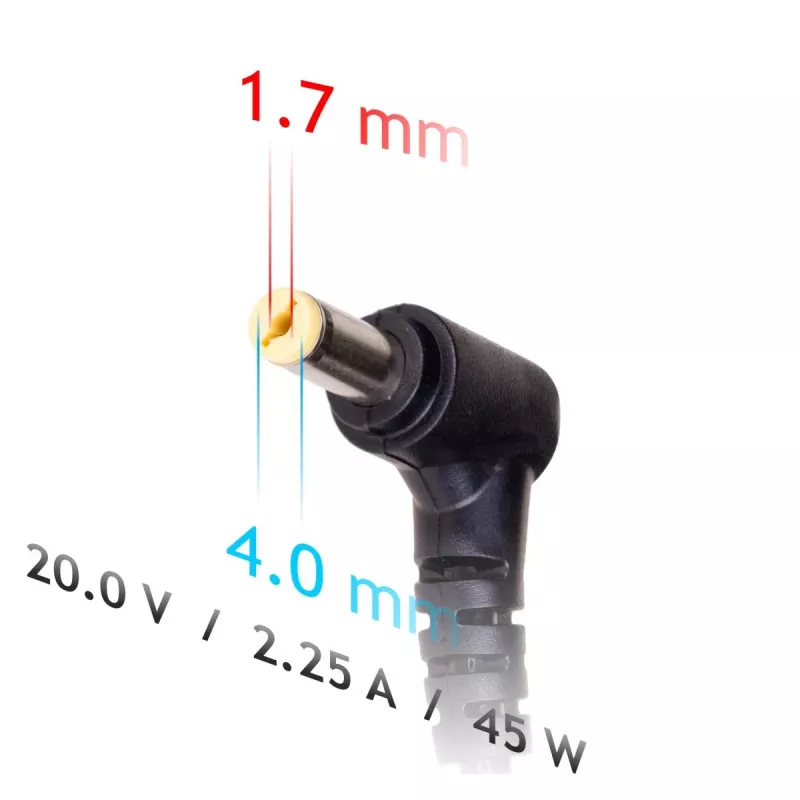 Akyga toiteadapter AK-ND-50 sülearvutitele, 20 V 2,25 A 45 W, pistik 4,0×1,7 mm, 1,2 m kaabel, must