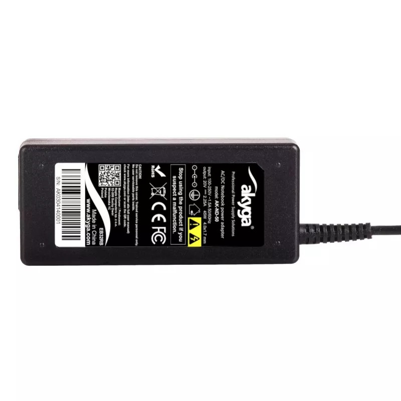 Akyga toiteadapter AK-ND-50 sülearvutitele, 20 V 2,25 A 45 W, pistik 4,0×1,7 mm, 1,2 m kaabel, must