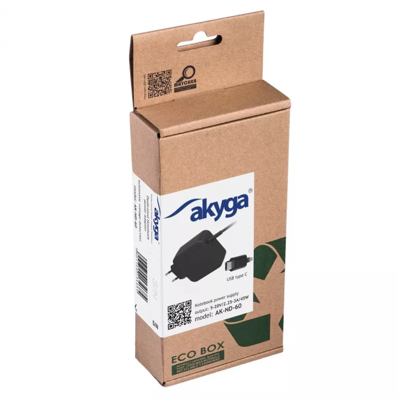 Toiteadapter Akyga AK-ND-60, universaalne 45 W, sisend 100–250 V, must, 0,183 kg