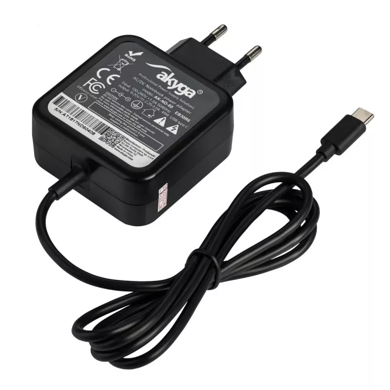 Toiteadapter Akyga AK-ND-60, universaalne 45 W, sisend 100–250 V, must, 0,183 kg