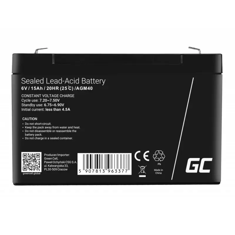 UPS aku roheline Cell AGM40 — VRLA AGM 6V 14Ah, suletud pliiaku, 94×50×151 mm, 1,8 kg