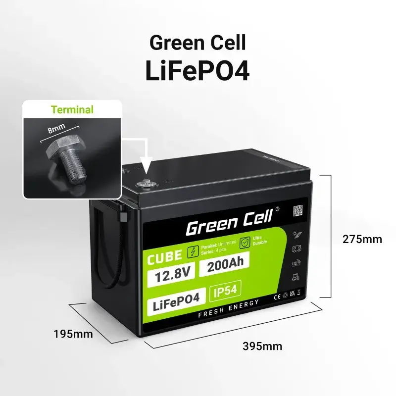 UPS-aku Green Cell LFPGC12V200AH liitium-raudfosfaat 12,8V 200Ah, 395×195×275 mm, 20,5 kg