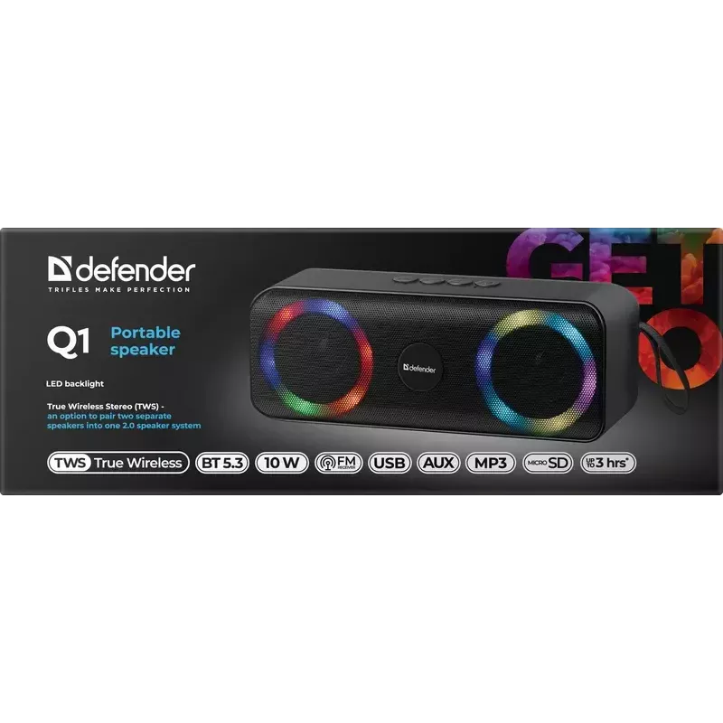 Kaasaskantav Bluetooth monokõlar DEFENDER Q1 must, 10W RMS, 1200 mAh, Bluetooth 5.0, MicroSD, FM, AUX, USB
