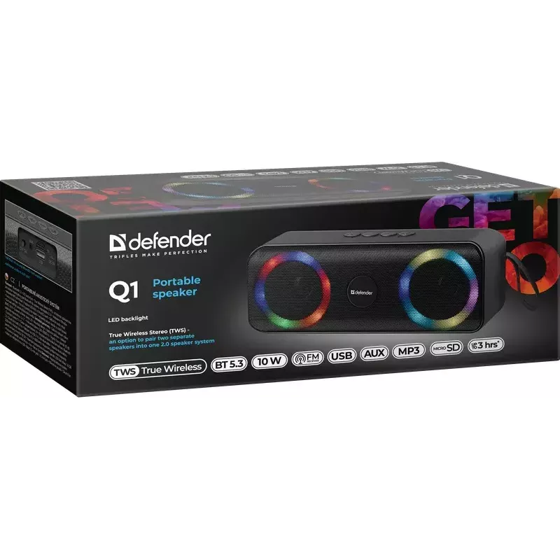 Kaasaskantav Bluetooth monokõlar DEFENDER Q1 must, 10W RMS, 1200 mAh, Bluetooth 5.0, MicroSD, FM, AUX, USB