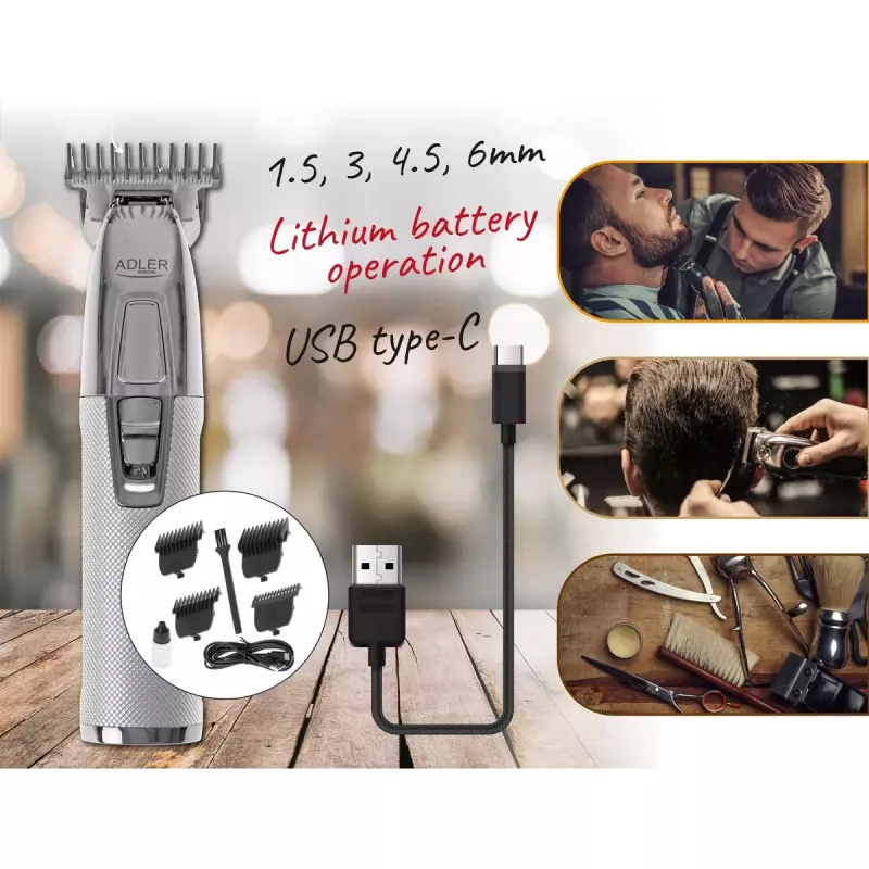 Habemetrimmer Adler AD 2836S, juhtmevaba liitiumaku, 0,9–6 mm, 4 pikkuseastet, roostevabast terasest terad, hõbedane