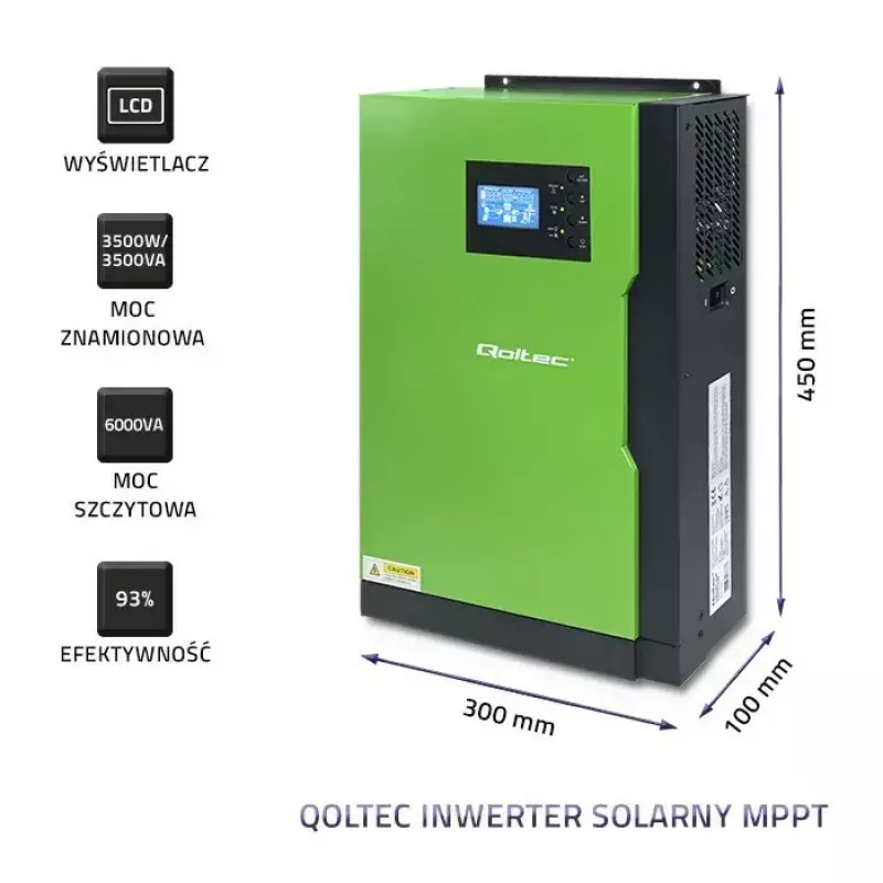 Qoltec 53886 autonoomne hübriidne päikeseinverter, 3,5 kW, 100 A MPPT, 24 V, puhas siinus