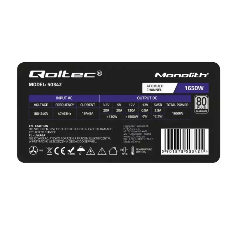 Toiteplokk Qoltec 50342 1650W
