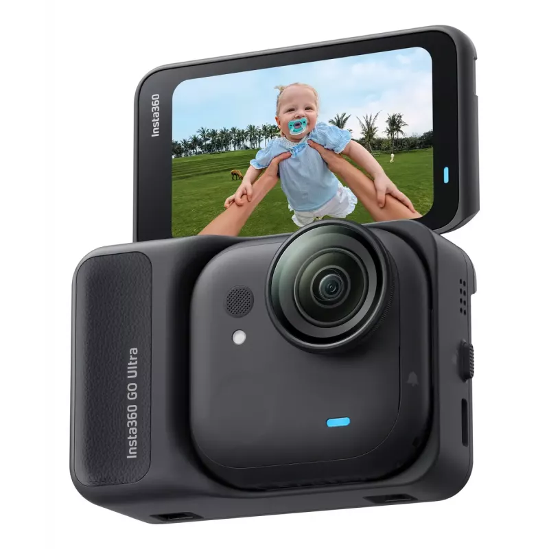 Action spordikaamera Insta360 GO Ultra Standard Must — 4K Ultra HD 3840×2880, 1/1.28-tolline sensor, 240 kaadrit/s, Wi‑Fi, sisseehitatud kuvar, MicroSD, 52,9 g