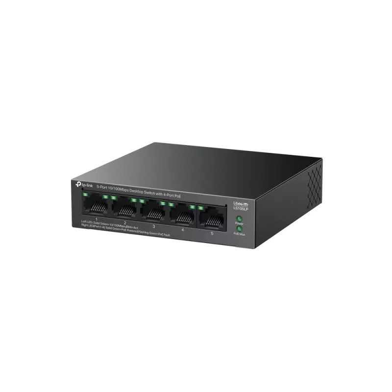 Haldamata kommutaator TP‑LINK LS105P, 5x Fast Ethernet (10/100) porti, 4x PoE-porti, 1 Gbit/s kommutatsioonivõime, ventilaatorita, must