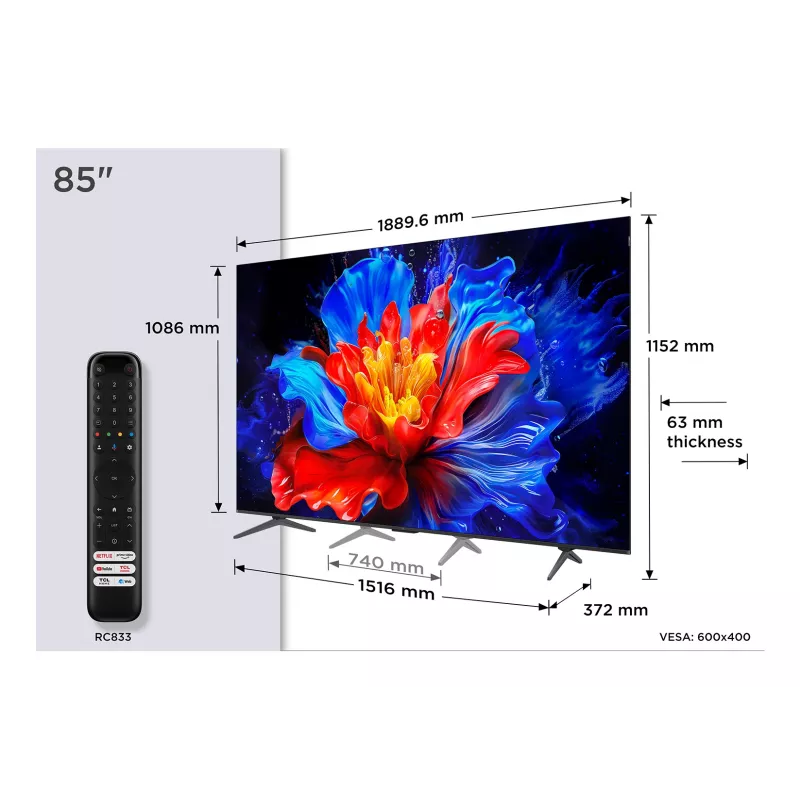Nutiteler TCL 85P89K 85 tolli (216 cm) QLED 4K UHD, Google TV, HDR10+, 450 cd/m², 3840×2160
