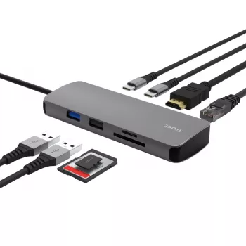 USB USB-C jaotur TRUST 25672 — HDMI, RJ-45, USB 3.2 Gen 1 Type-A/USB-C, SD/MicroSD, hall