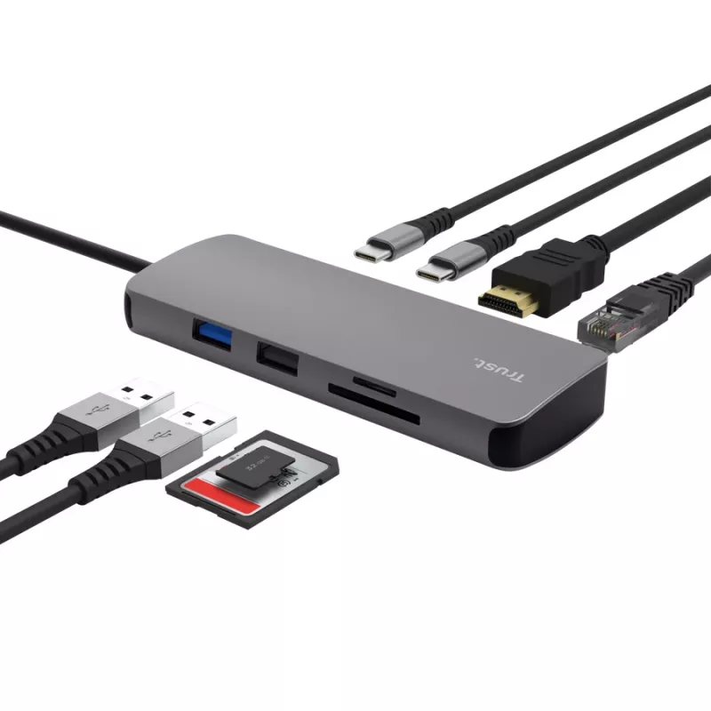 USB USB-C jaotur TRUST 25672 — HDMI, RJ-45, USB 3.2 Gen 1 Type-A/USB-C, SD/MicroSD, hall