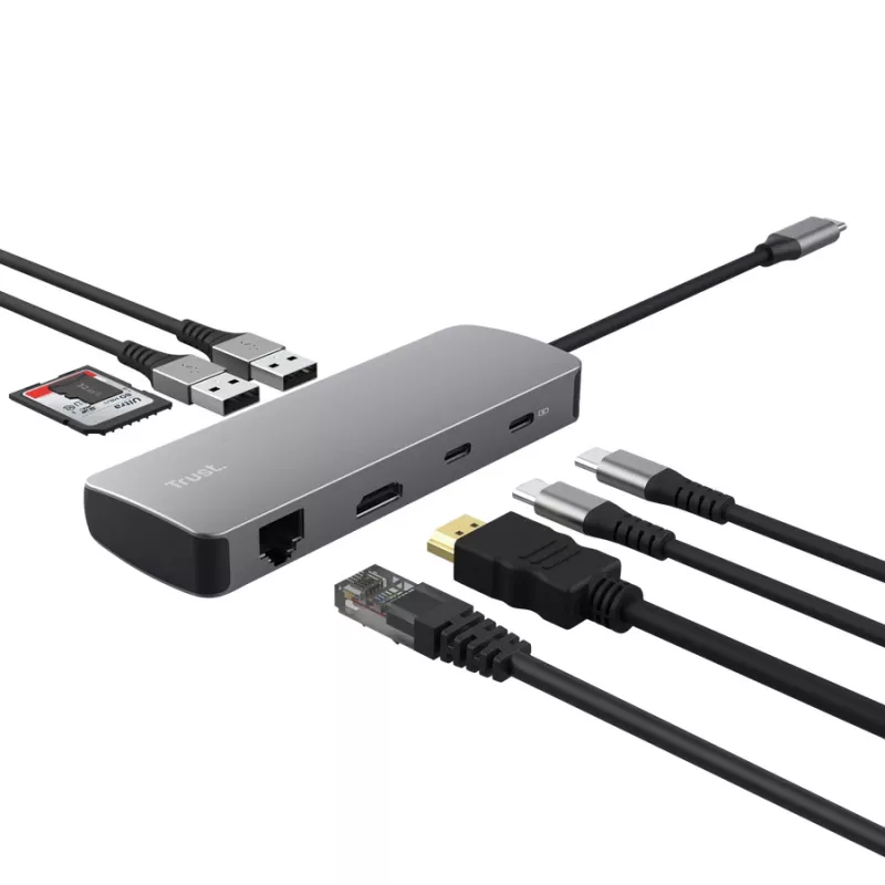 USB USB-C jaotur TRUST 25672 — HDMI, RJ-45, USB 3.2 Gen 1 Type-A/USB-C, SD/MicroSD, hall