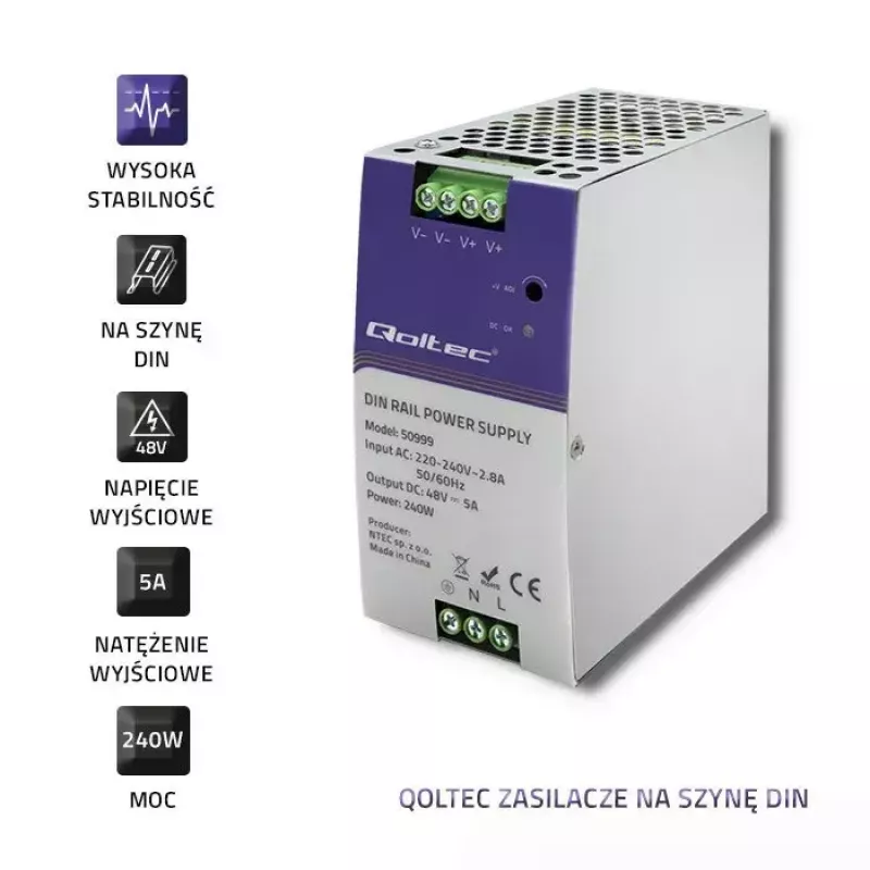 DIN-liistu toiteallikas QOLTEC 50999, 240 W, 48 V alalisvool, 5 A väljund