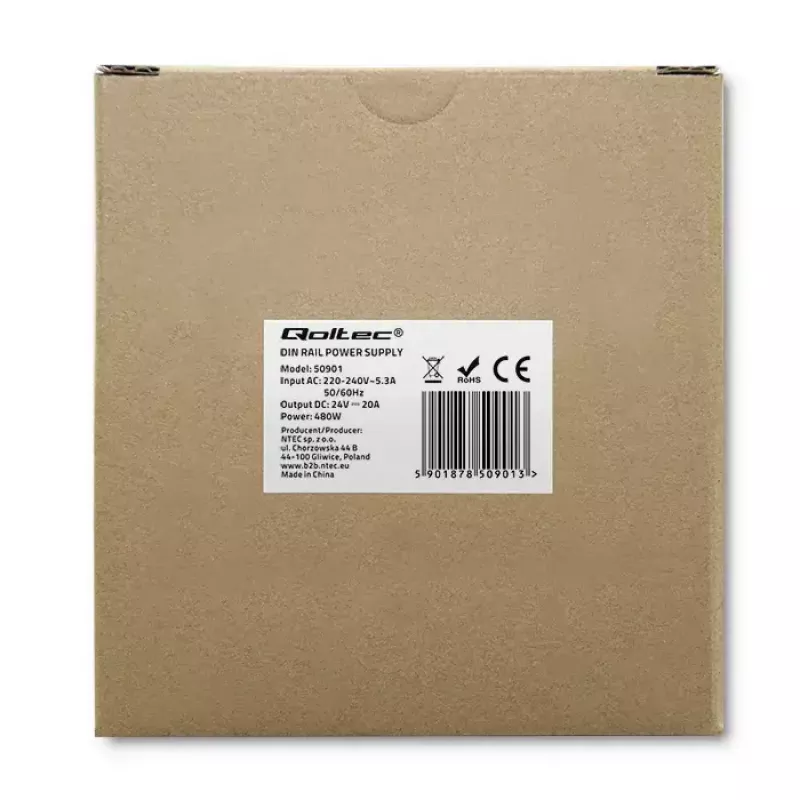 Tööstuslik DIN-liistule paigaldatav toiteplokk QOLTEC 50901 — 480W, 24V DC, 20A