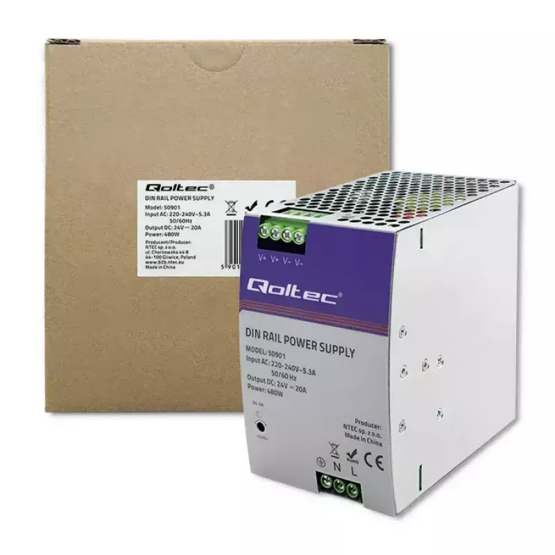 Tööstuslik DIN-liistule paigaldatav toiteplokk QOLTEC 50901 — 480W, 24V DC, 20A