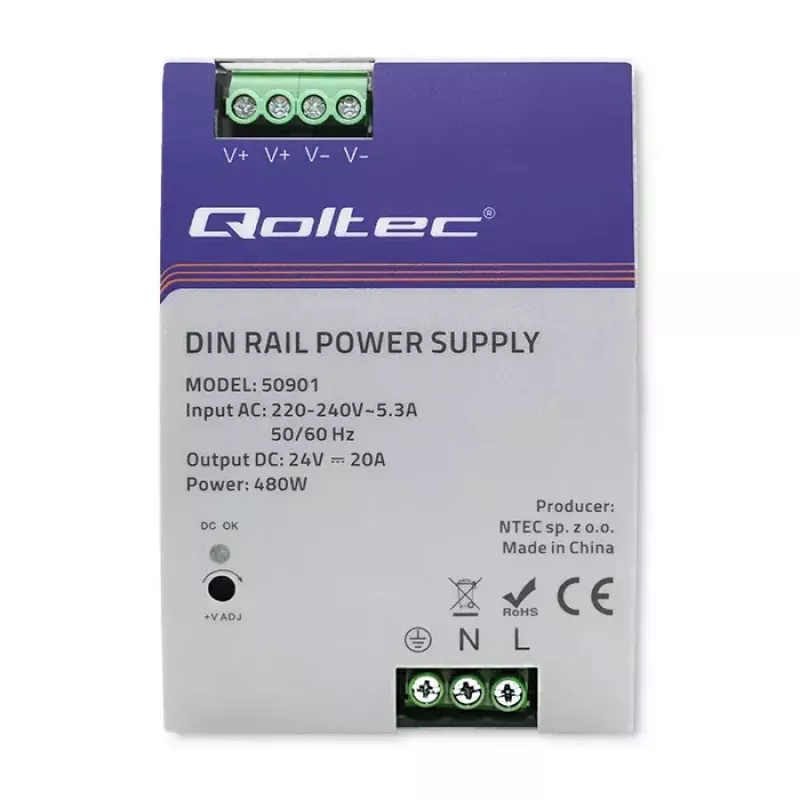 Tööstuslik DIN-liistule paigaldatav toiteplokk QOLTEC 50901 — 480W, 24V DC, 20A