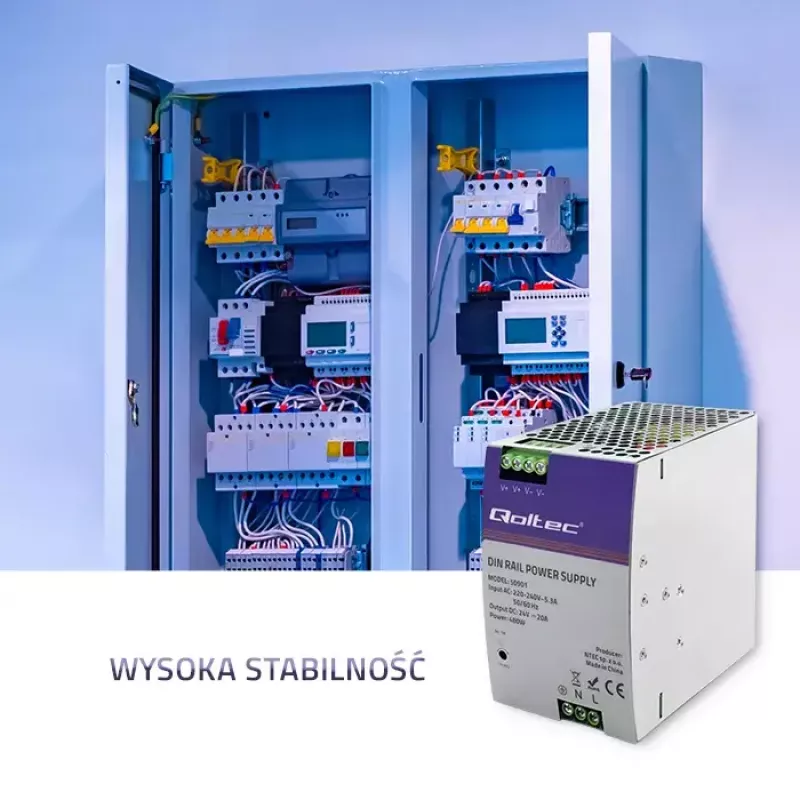 Tööstuslik DIN-liistule paigaldatav toiteplokk QOLTEC 50901 — 480W, 24V DC, 20A