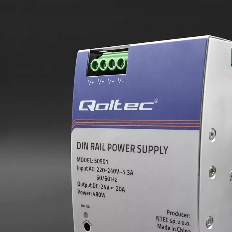 Tööstuslik DIN-liistule paigaldatav toiteplokk QOLTEC 50901 — 480W, 24V DC, 20A