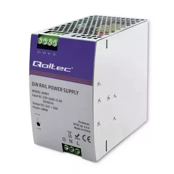 Tööstuslik DIN-liistule paigaldatav toiteplokk QOLTEC 50901 — 480W, 24V DC, 20A