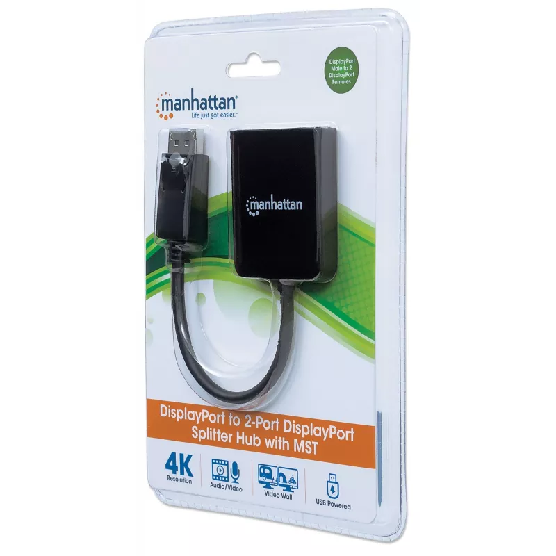 Manhattan DisplayPort 1.2 kuni 2-pordiline DisplayPort 1.2 jaotur-hub koos MST-ga, 4K@30Hz, USB-A toitega, videoseina funktsioon, must, MST = mitme voo transport, 3-aastane garantii