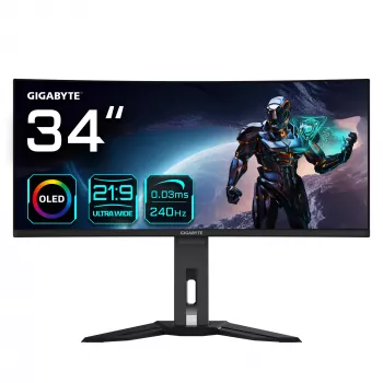 GIGABYTE MO34WQC2 34-tolline OLED WQHD kumer mängumonitor - 3440 x 1440, 240Hz, 0.03ms, KVM, 250 cd/m², FreeSync Premium Pro, DisplayHDR True Black 400, HDMI 2.1, Displayport 1.4