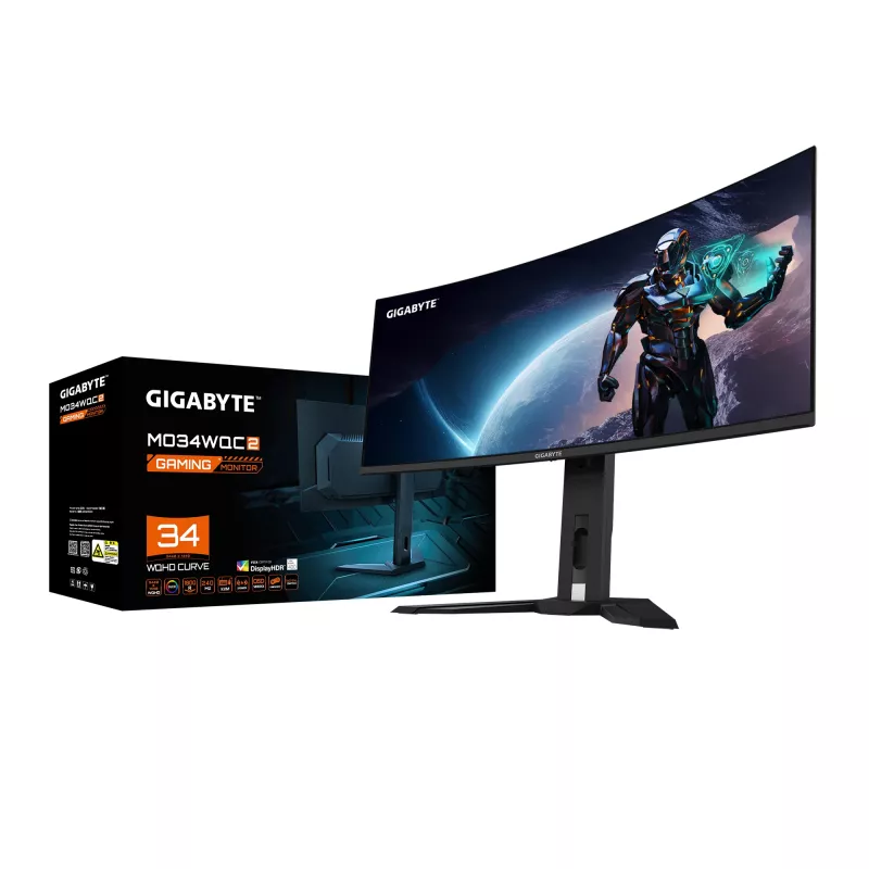 GIGABYTE MO34WQC2 34-tolline OLED WQHD kumer mängumonitor - 3440 x 1440, 240Hz, 0.03ms, KVM, 250 cd/m², FreeSync Premium Pro, DisplayHDR True Black 400, HDMI 2.1, Displayport 1.4
