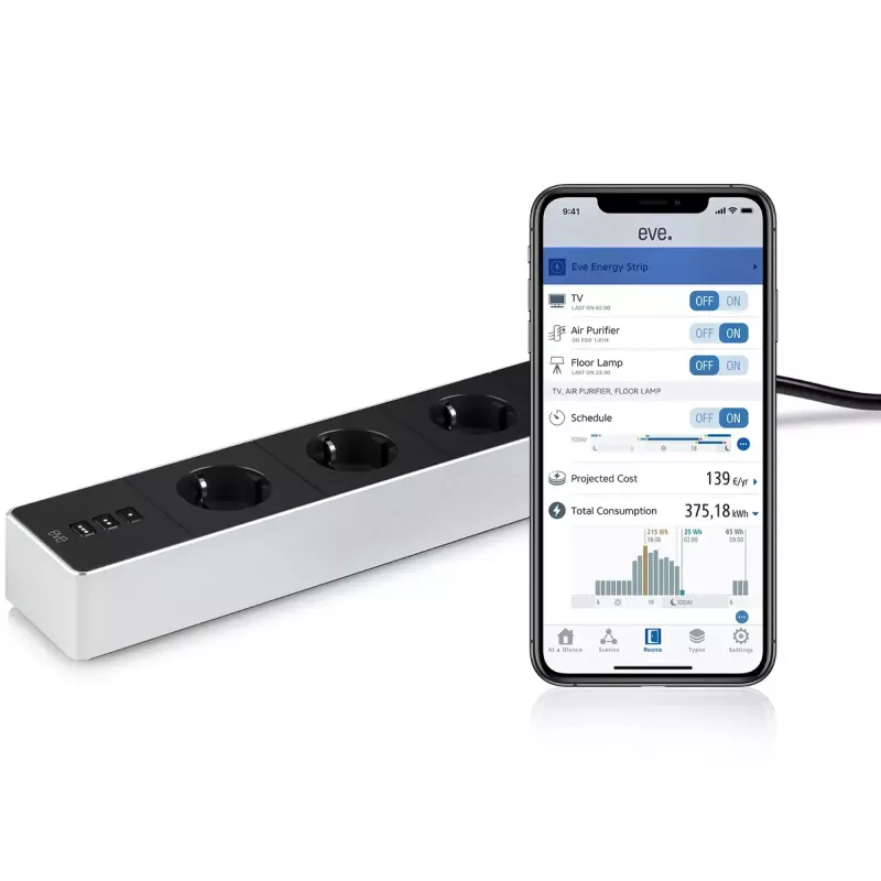 Pikendusjuhe Eve Energy Strip must valge 3 vahelduvvoolupesa 120-230 V 1,9 m