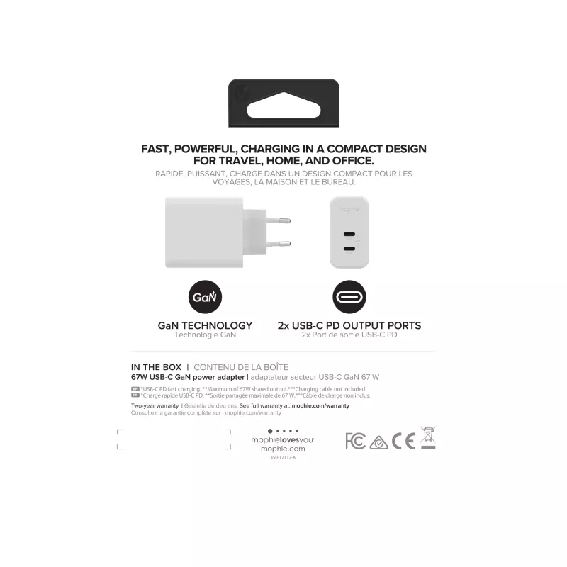 mophie Accessories-Wall Adapter-USB-C-PD-DUAL-67W-GAN-Valge-EU (2xUSBC)