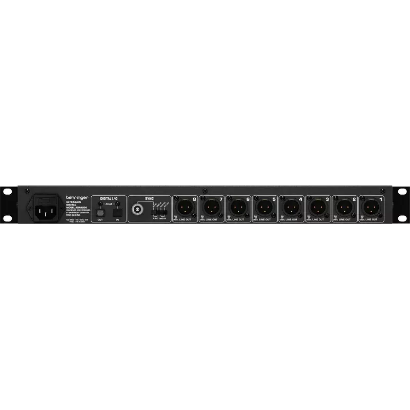 Behringer ULTRAGAIN DIGITAL ADA8200 8-kanaliline AD/DA-muundur, 24-bit/48 kHz, XLR I/O, rack'ile paigaldatav