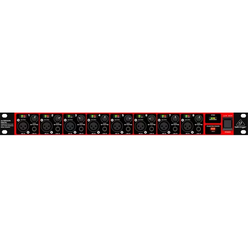 Behringer ULTRAGAIN DIGITAL ADA8200 8-kanaliline AD/DA-muundur, 24-bit/48 kHz, XLR I/O, rack'ile paigaldatav
