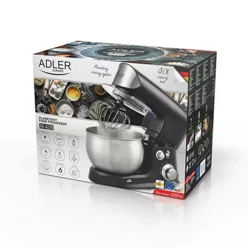 Köögikombain Adler AD 4226b — 700 W (max 1200 W), 3 L roostevabast terasest kauss, 6 kiirust, planetaarpöörlemine