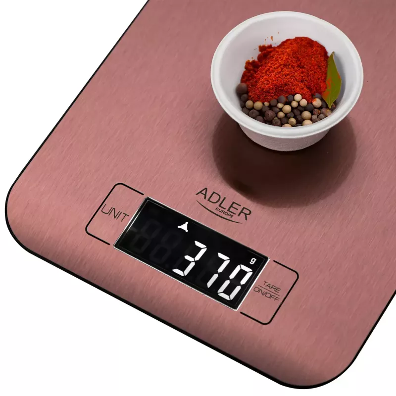 Elektrooniline köögikaal Adler AD 3183 — mahutavus 5 kg, täpsus 1 g, roostevabast terasest kaalumispind, vasevärv