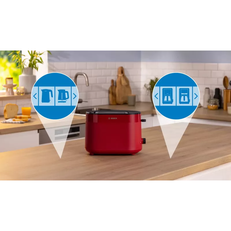 Röster Bosch TAT2M124 — 2 viilu 950 W, punane, saia tsentreerimine, sulatus, tõstuk