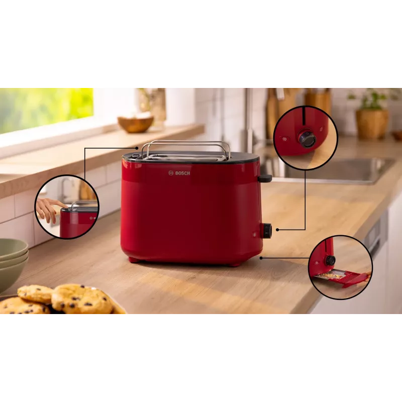 Röster Bosch TAT2M124 — 2 viilu 950 W, punane, saia tsentreerimine, sulatus, tõstuk